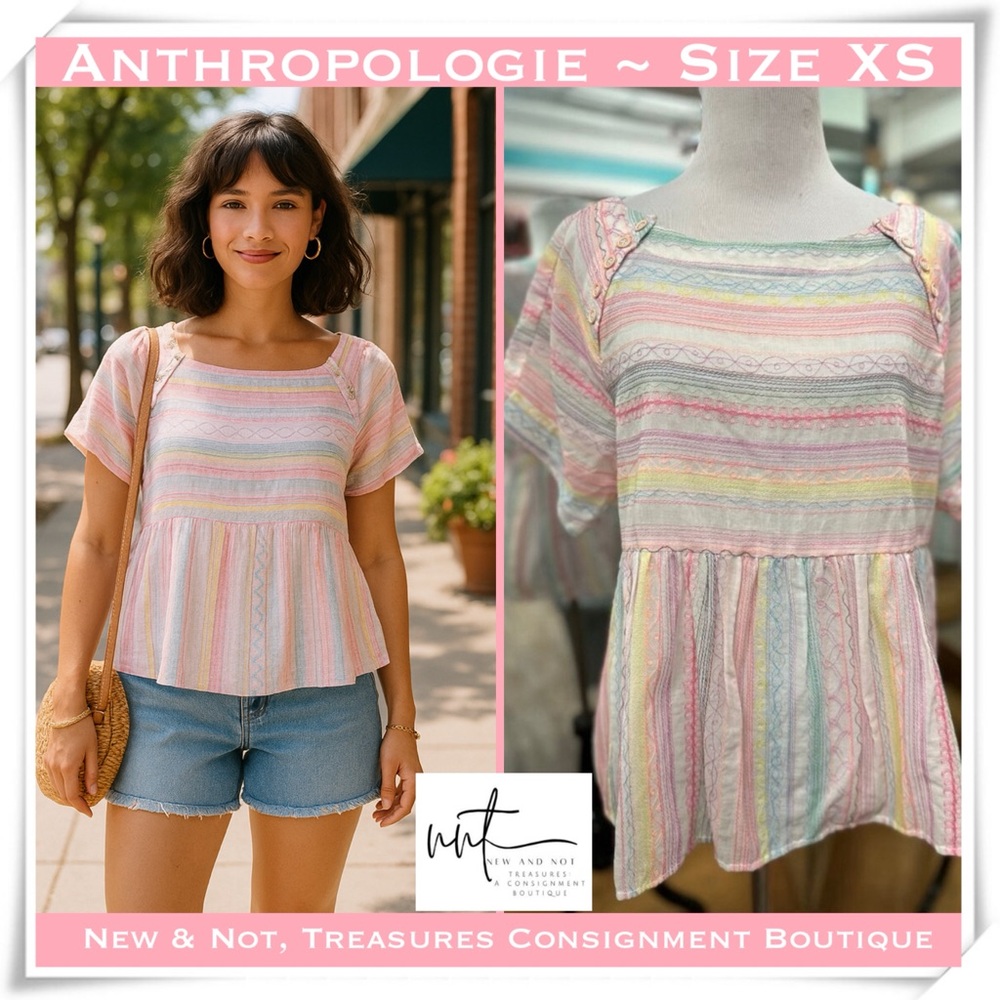 Anthropologie Letty Embroidered Pastel Short Sleeve Babydoll Top Size XSmall